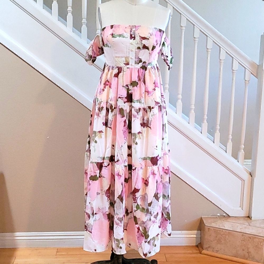 Floral Fairy Off Shoulder Summer Maxi SunDress Sz S M